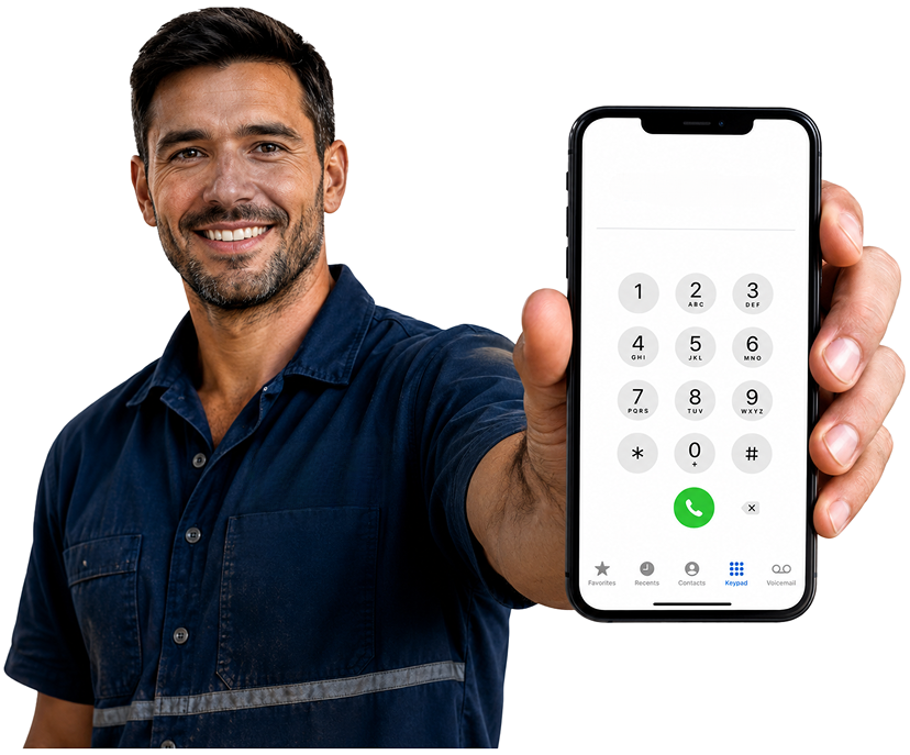 Newport Blocked Drains plumber holding a phone — call 1300 261 965