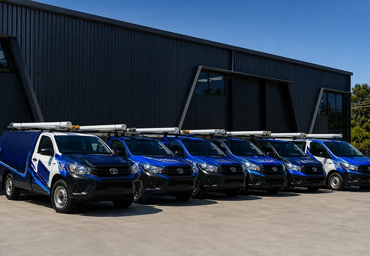 Our plumbing vans lined up before a Newport shift