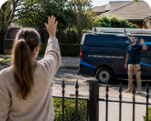 Customer waving goodbye to a Newport Blocked Drains plumber